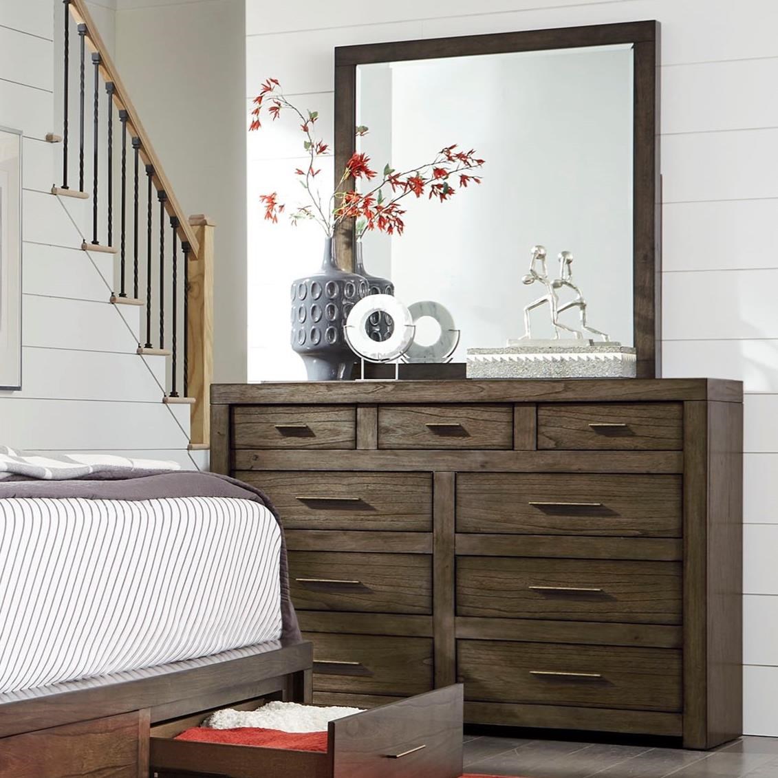 Aspenhome Modern Loft IML455+63BRN Chesser and Mirror Set with DropFront Drawer Upper Room